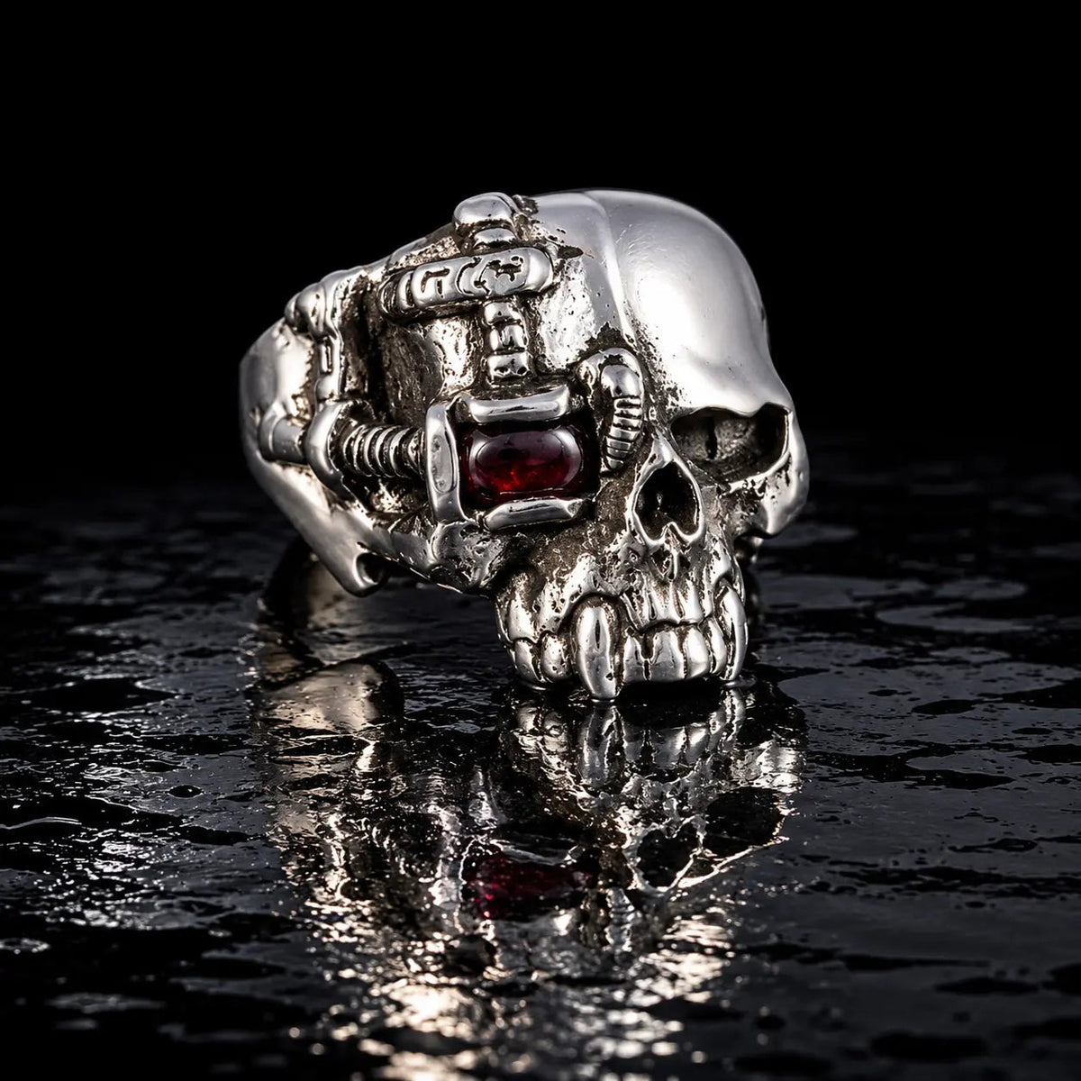 Cyborg Skull Ring- With Garnet Eye - Curiouser Collective