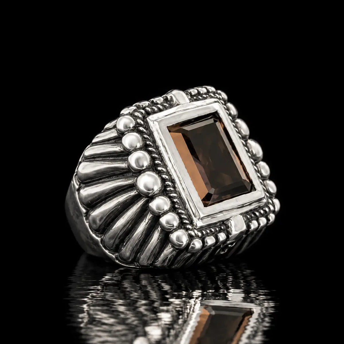 Aztec Feather Ring - Solid Silver with Smoky Quartz Emerald Cut Gemstone, Handmade - Curiouser Collective