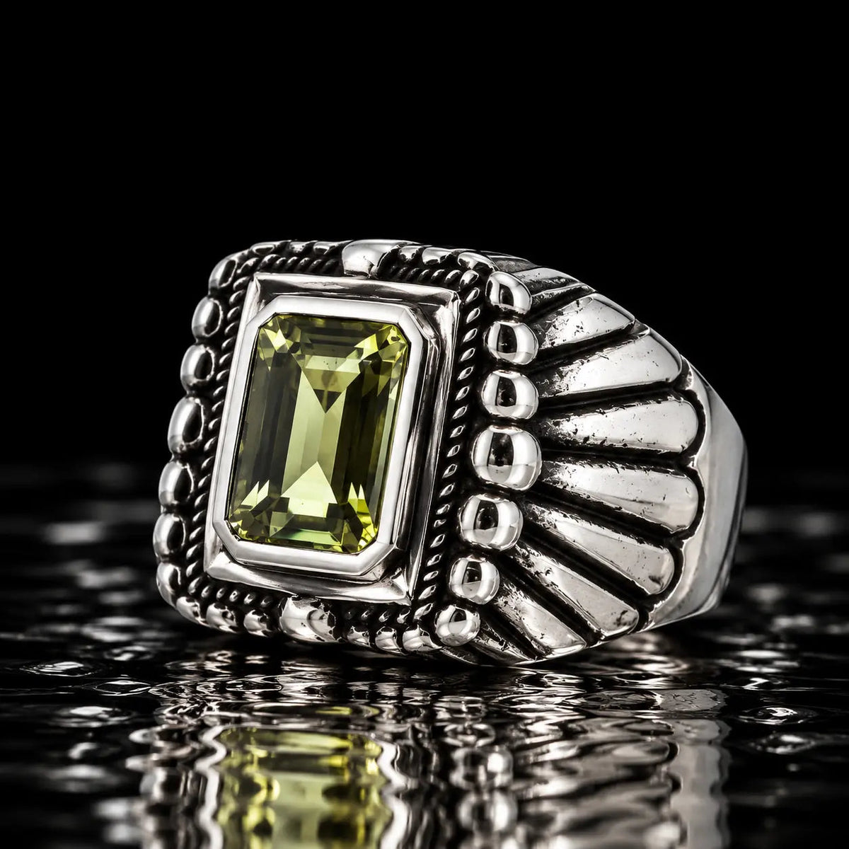 Faceted Square Green Amethyst Aztec Feather Ring - Curiouser Collective
