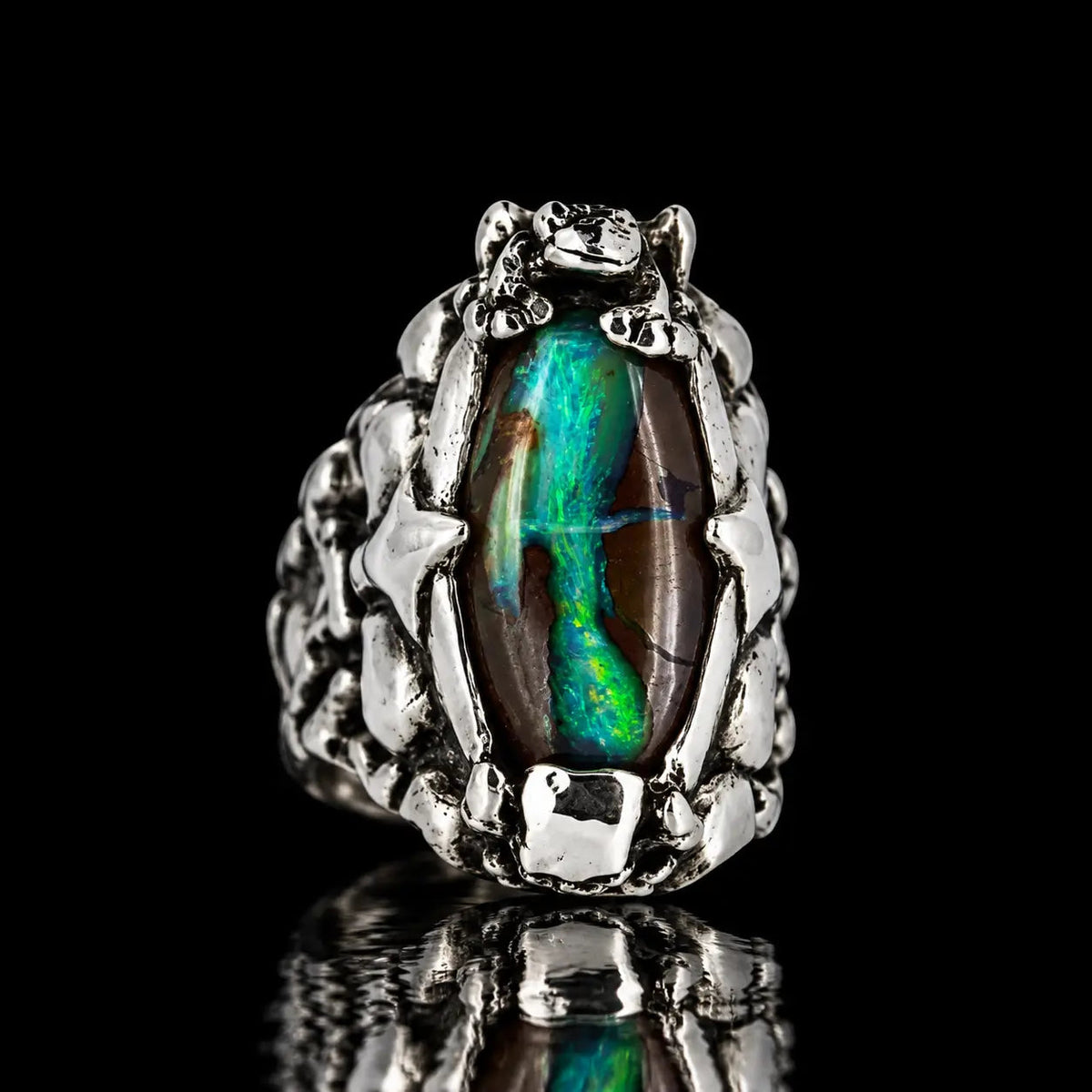 FLEUR DE LIS SKULL & FROG RING with Boulder Opal - Curiouser Collective