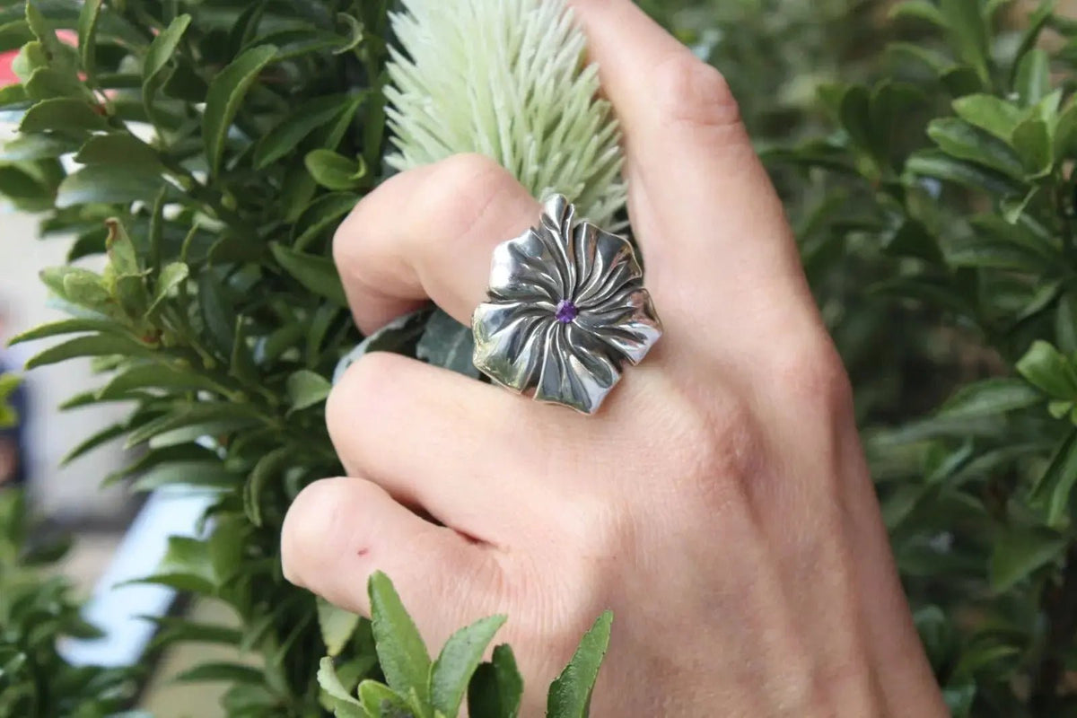 Hand Made Silver Hibiscus Ring Curiouser Collective