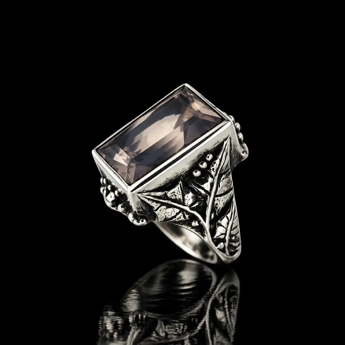 Ivy Leaf Ring rectangle Rose quartz - Curiouser Collective