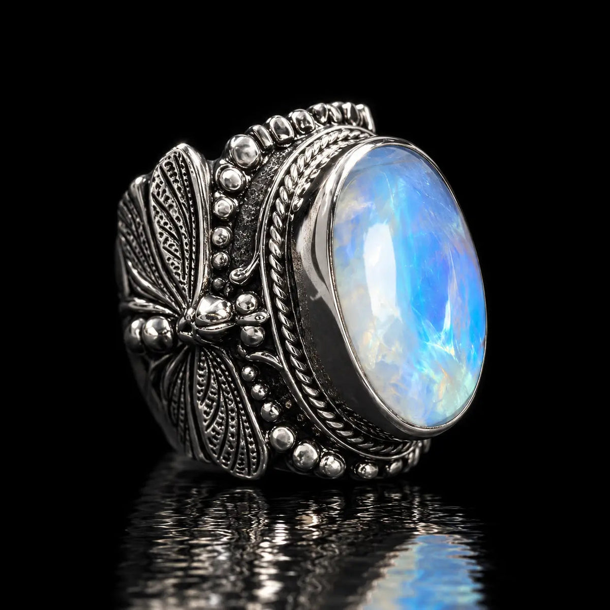 Large Dragonfly Rainbow Moonstone Ring - Curiouser Collective