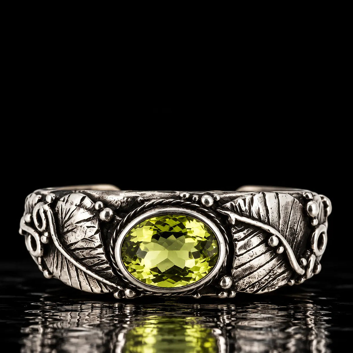 Large Silver Ivy Leaf Bangle/Cuff with Lemon Quartz - Curiouser Collective