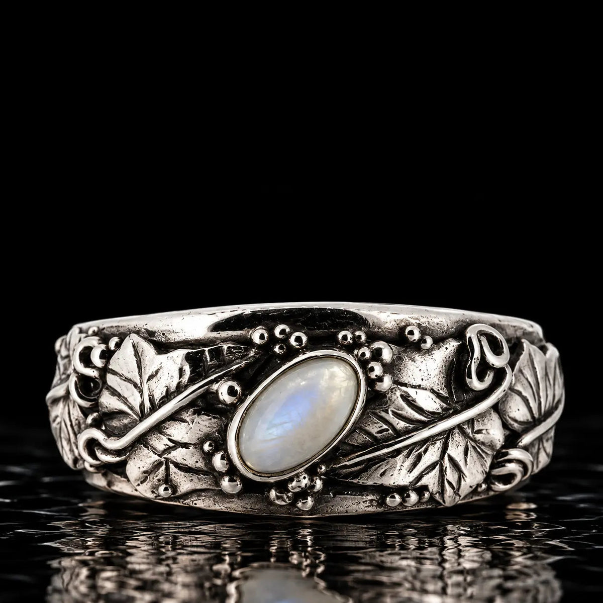 Large Silver Ivy Leaf Bangle/Cuff with Moonstone (Rainbow) - Curiouser Collective