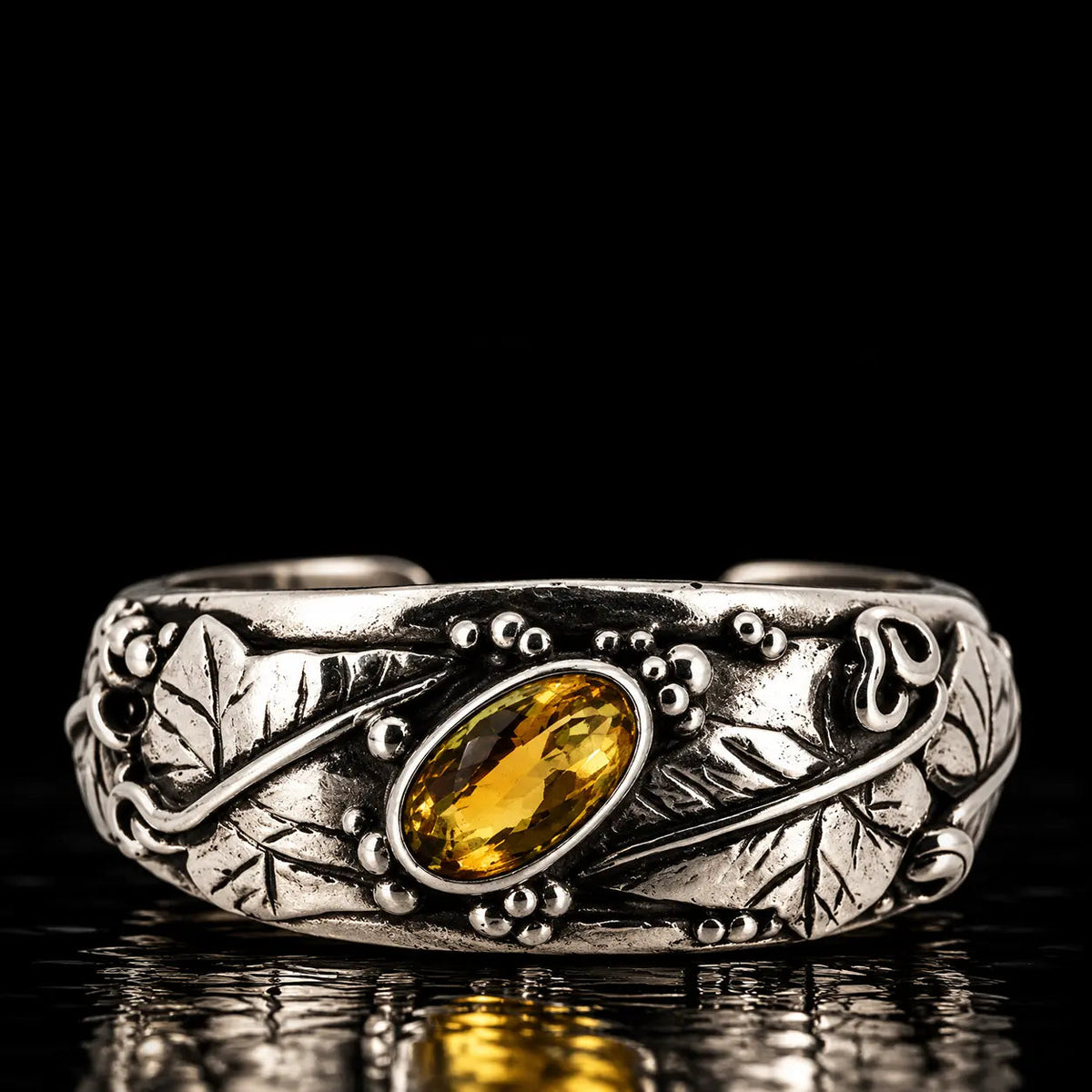 Large Silver Ivy Leaf Cuff with Citrine - Curiouser Collective