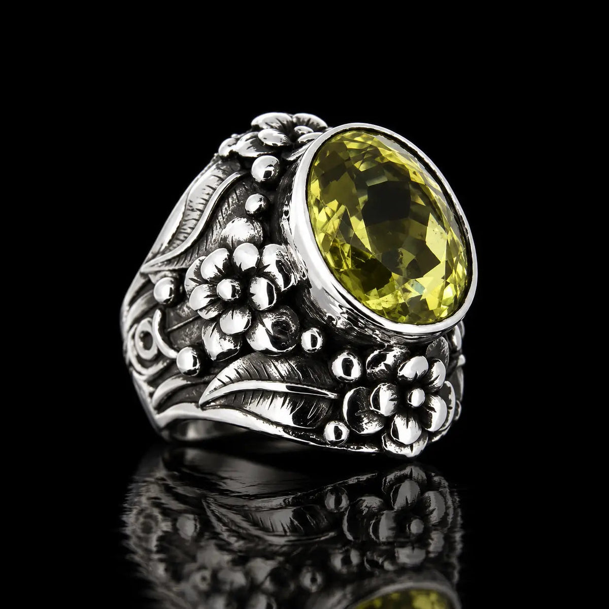 Lemon Quartz Set Floral Ring - Curiouser Collective