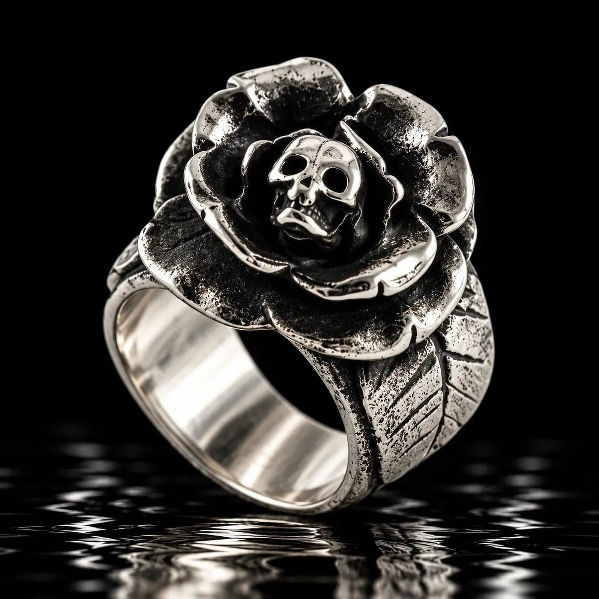 Silver Flower Skull & Rose Ring - Curiouser Collective