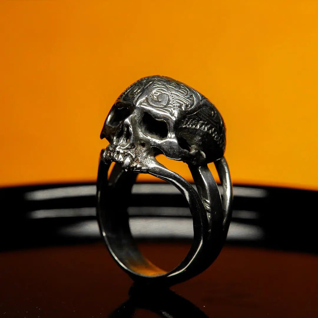Silver Tribal Skull Ring - Hand - Carved with Intricate Detail - Curiouser Collective