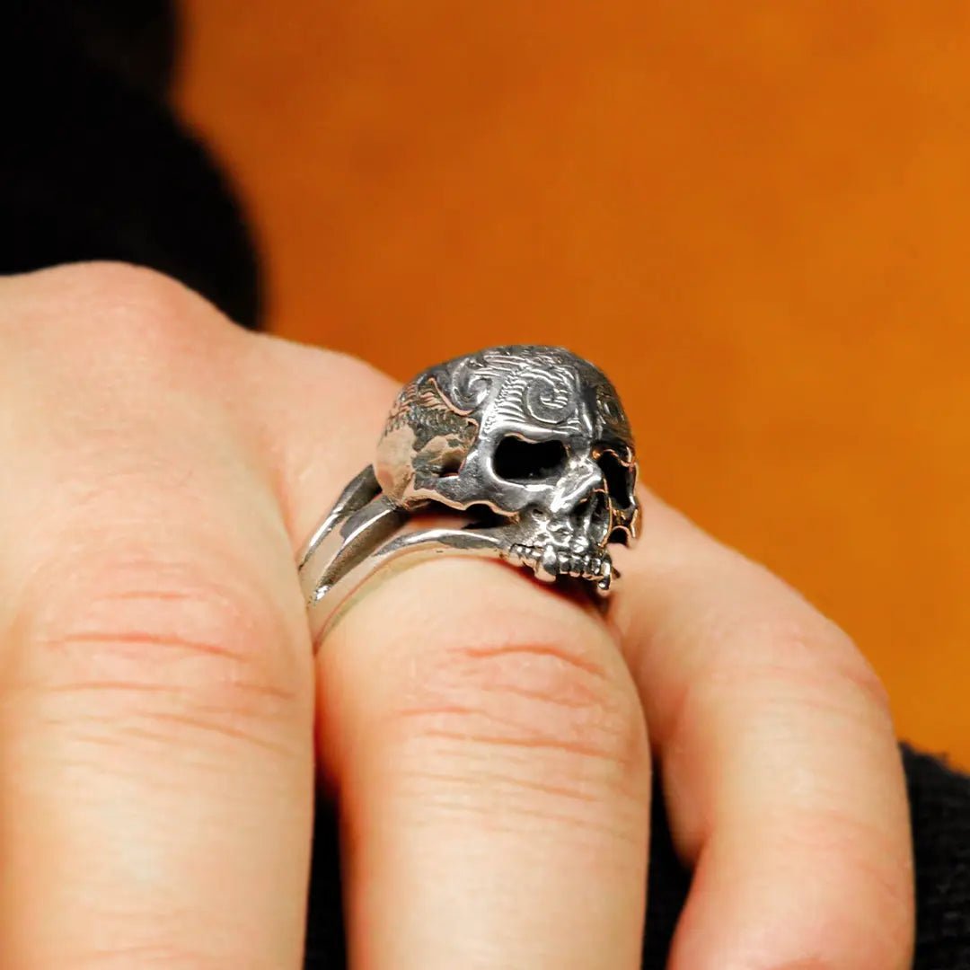 Silver Tribal Skull Ring - Hand - Carved with Intricate Detail - Curiouser Collective