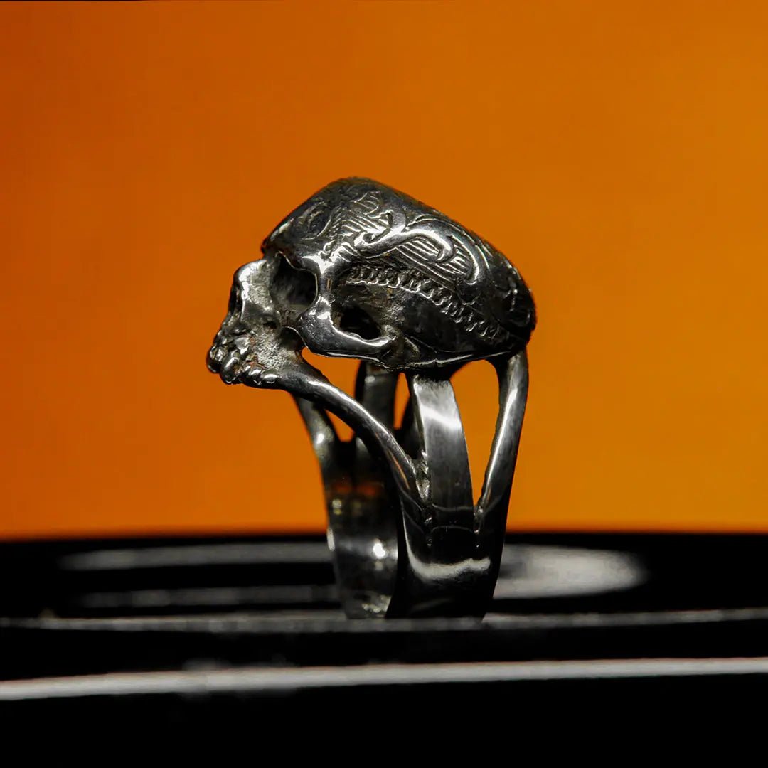Silver Tribal Skull Ring - Hand - Carved with Intricate Detail - Curiouser Collective