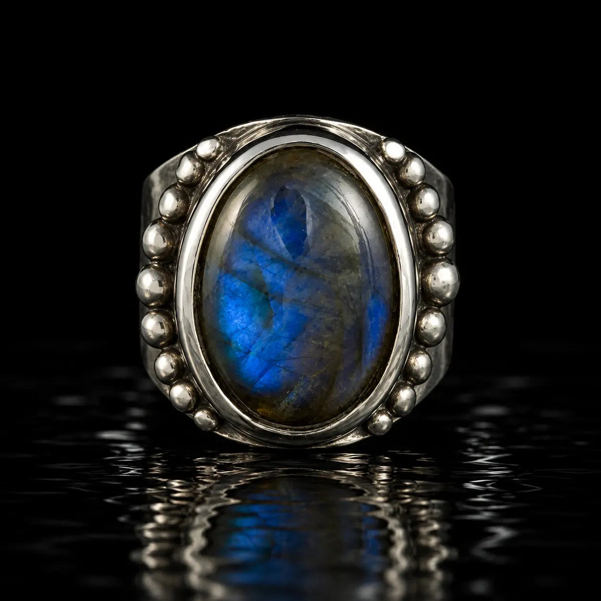 Vertical Beaded Large Gemstone Ring - Blue Labradorite - Curiouser Collective