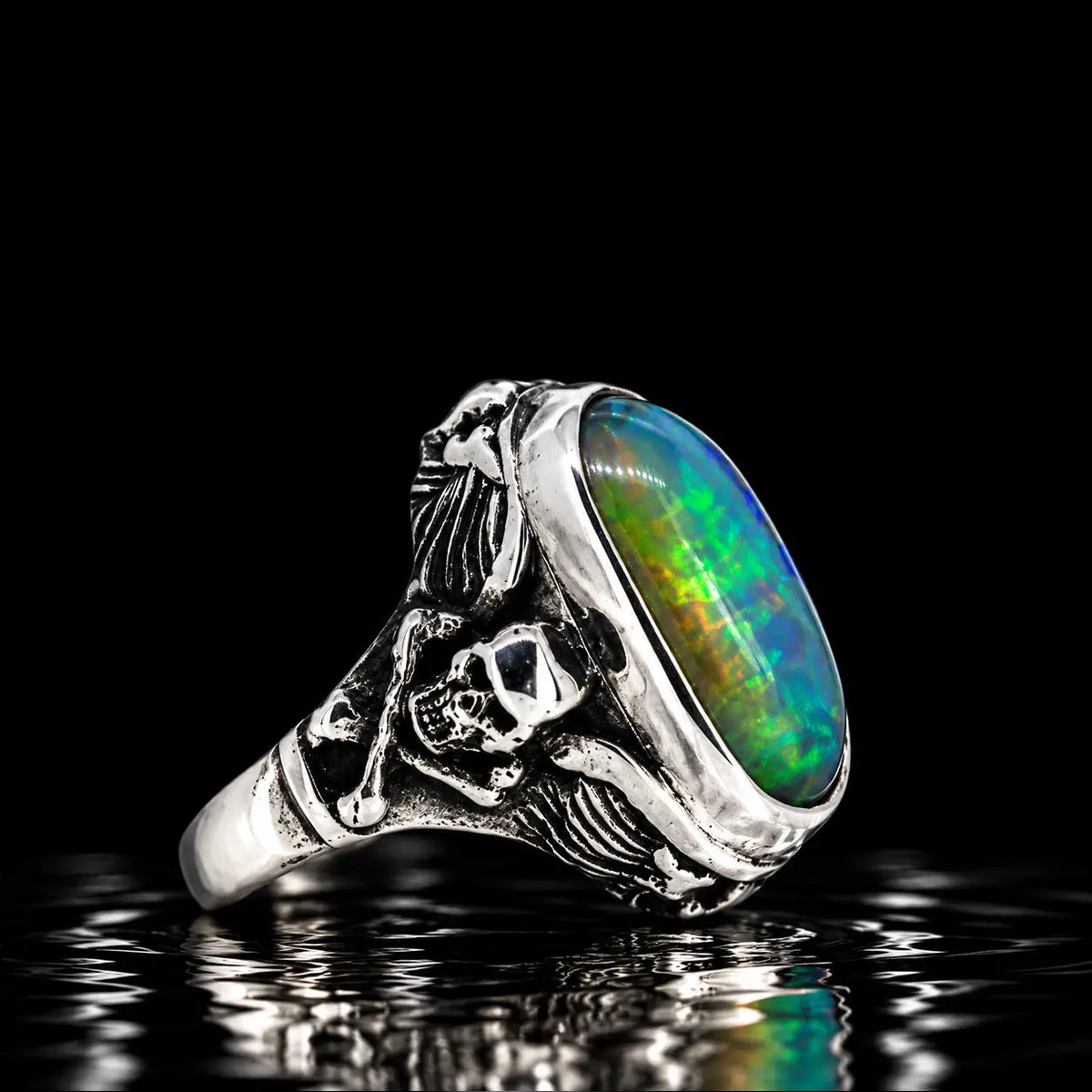 Winged Skull & Crossed Bone Opal Ring - Curiouser Collective